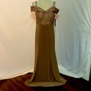 NWT PM Richards size 12 taupe gown. Off the shoulder sleeves.